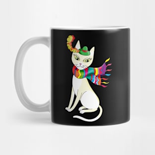 white decorative cat with a scarf and a hat Mug